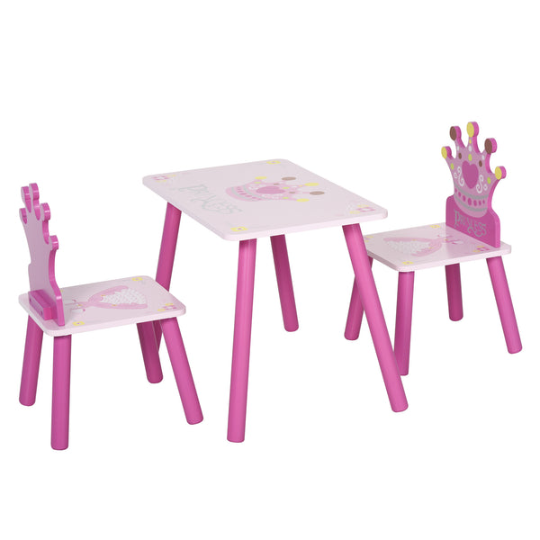 English Elm Qaba Pink 3-Piece Kids Wooden Table & 2 High-Back Chairs with Crown Design for Toddlers Age 2-4 W2225P229159
