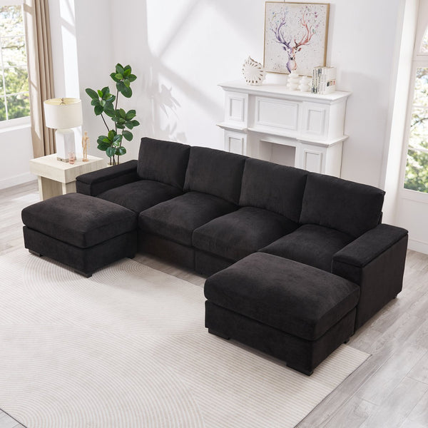 English Elm 122"l Corduroy Sectional with Dual Ottomans Modular U-shape Sofa for Modern Living Black W1669S00045