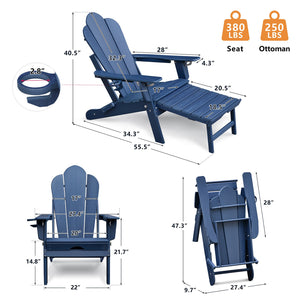 English Elm Folding Outdoor Hdpe Adirondack Chair with Retractable Ottoman for Deck or Patio Navy Blue W1889P450925