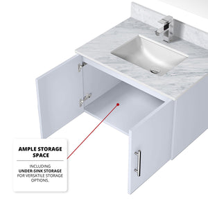 English Elm Glossy White Bath Vanity 30 in with Carrara Marble Top, Chrome Faucet, 30" LED Mirror, Scratch-Resist Finish B2731S01244
