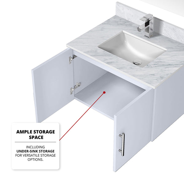 English Elm Glossy White Bath Vanity 30 in with Carrara Marble Top, Chrome Faucet, 30" LED Mirror, Scratch-Resist Finish B2731S01244