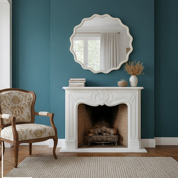 English Elm White 30 Inch Wavy Round Solid Wood Frame Mirror - Boho Elegant Tempered Glass Vanity Decor W2203P389084