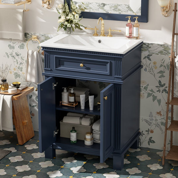 English Elm 24'' Carved Farmhouse Bathroom Vanity with Ceramic Sink Soft Close Storage Cabinet Blue N710P446530C