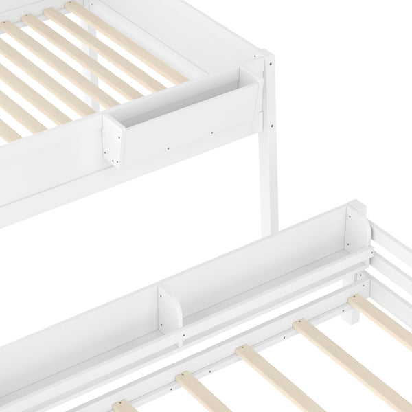 English Elm Queen Over Bunk Bed Pine Frame with Built in Shelving Detachable Vintage Style White W5316S00014