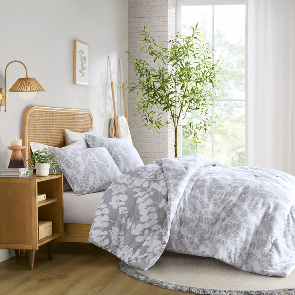 JLA Home Comfort Spaces - Floral Reversible Microfiber Comforter Set — Lightweight, Plush All-Season Warmth with Two-Sided Prints Gray AM10-0074