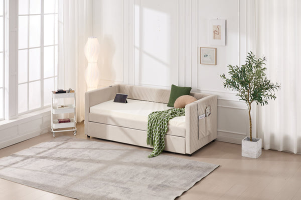 English Elm Twin Velvet Upholstered Daybed with Trundle, V-Pattern Backrest, USB Port, Side Pockets, Sturdy Design Beige W1361S00041