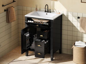 English Elm "24'' 24 Inch Glossy Freestanding Bathroom Vanity with Gold Hardware and Soft Close Storage Black Rubberwood N725P448529B