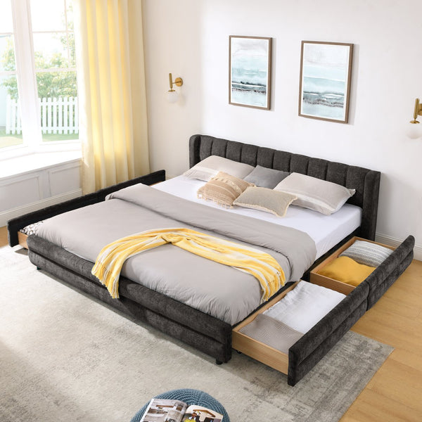 English Elm King Chenille Upholstered Platform Bed with Storage Drawers and Structured Headboard Dark Gray W487S00415