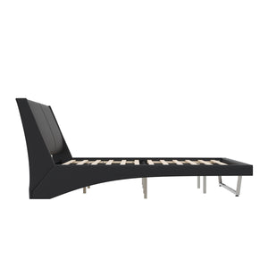 English Elm Queen Pu Leather Platform Bed Sculptural Wave Base Floating Silhouette Modern Bedroom Black N761S0000032B