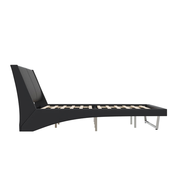 English Elm Queen Pu Leather Platform Bed Sculptural Wave Base Floating Silhouette Modern Bedroom Black N761S0000032B