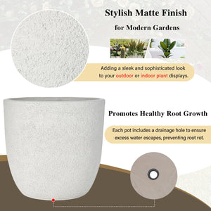 English Elm U_style Mgo Concrete Look Round Planters Set of 3 Lightweight Stackable Outdoor Pots White N711P406670A