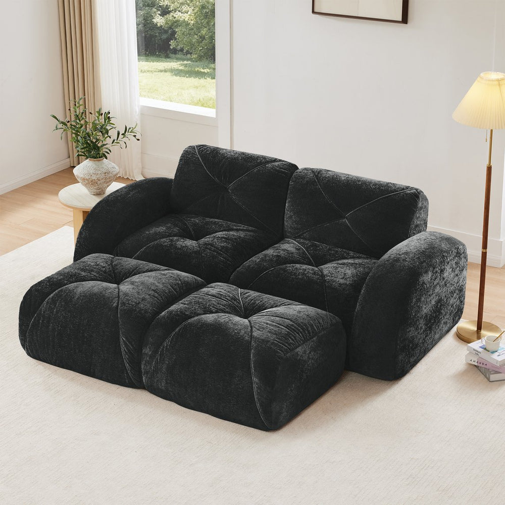 English Elm U-shaped Velvet Sectional Modular Cloud Sofa with Tufted Cushions and Movable Ottoman Black W714S01625
