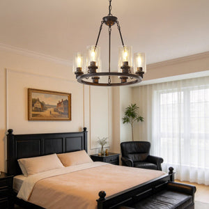 English Elm 23.62'' Farmhouse Wagon Wheel Chandelier Six Seeded Glass Shades Brown Metal Finish W5008P468517