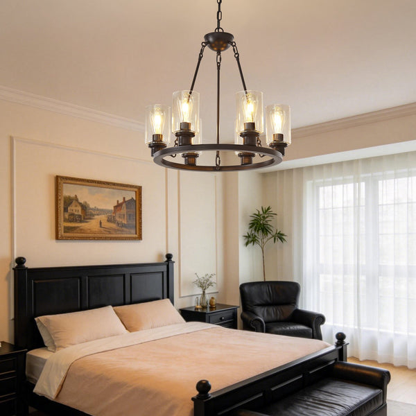 English Elm 23.62'' Farmhouse Wagon Wheel Chandelier Six Seeded Glass Shades Brown Metal Finish W5008P468517