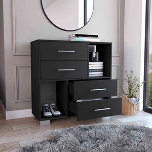 English Elm Krista Black Dresser with Two Open Shelves & Four Drawers, 35.4"W Particle Board, Metal Handles, Modern Storage Solution B20091880