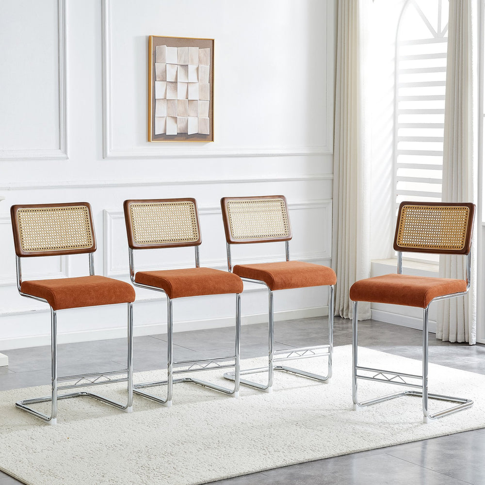 English Elm Natural Rattan Backrest Counter Stools Set of 4 with Chrome Legs and Pu Leather Seats W2920S00107