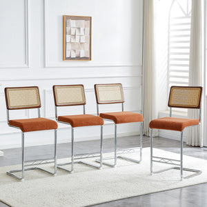 English Elm Natural Rattan Backrest Counter Stools Set of 4 with Chrome Legs and Pu Leather Seats W2920S00107