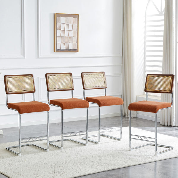 English Elm Natural Rattan Backrest Counter Stools Set of 4 with Chrome Legs and Pu Leather Seats W2920S00107