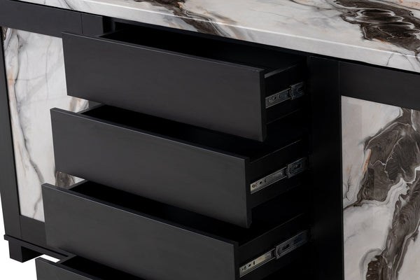 English Elm Stacey Contemporary Black Buffet with Marble Accents, Solid Wood & MDF, 4 Drawers + Doors Included B201P290554