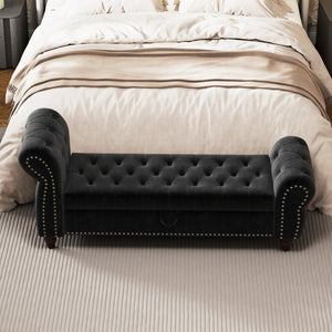 English Elm 64.5" Bed Bench with Storage Velvet Upholstery — Tufted Chaise Lounge, Solid Wood Frame, 400lb Capacity Black W1097P202877