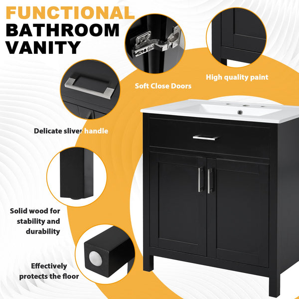 English Elm 30-Inch Contemporary Bathroom Vanity With Ceramic Sink & Smart Storage For Small Spaces WF530809AAB