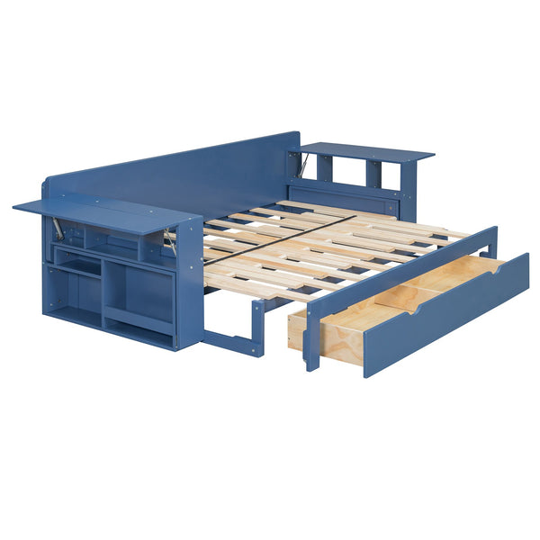 English Elm Queen Daybed with Hydraulic Desk Storage Drawers and Convertible Sofa for Small Spaces Blue LT000272AAC