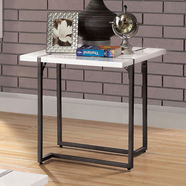 English Elm Contemporary End Table With High-Gloss Lacquer Top And Gunmetal Steel Legs - Modern Sculptural Design B2741S00428