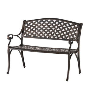 English Elm Spencer Cast Aluminum Outdoor Bench Antique Copper Finish Scrolled Arms Garden Patio 50327.00LVS