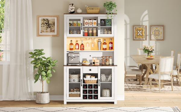 English Elm 70.9" Farmhouse Hutch Pantry with Led Lighting Wine Rack Mesh Doors and Built-in Power White CH361426AAK