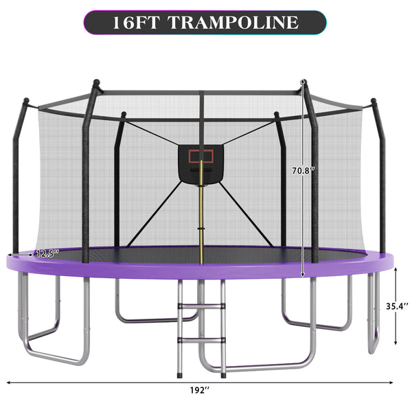 English Elm 16ft Round Outdoor Trampoline Galvanized Steel Frame Basketball Hoop Safety Net Purple N739S000004A