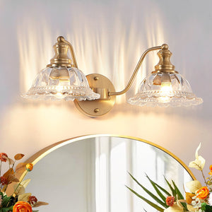 English Elm 20 Inch 2-Light Vintage Bathroom Wall Sconce with Iron and Glass Shades – Elegant Vanity Lighting for Mirror and Hallway Gold W2312P374843