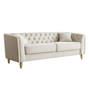 English Elm 87.01"W Modern Tufted Velvet Sofa with Gold Metal Legs, Stylish Accent Seating for Living Room Beige W579S00039