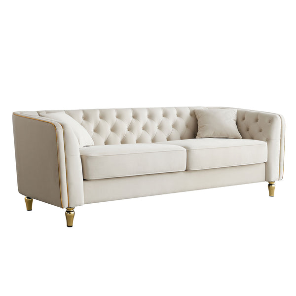 English Elm 87.01"W Modern Tufted Velvet Sofa with Gold Metal Legs, Stylish Accent Seating for Living Room Beige W579S00039