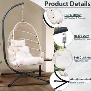 English Elm Foldable Hanging Egg Chair with Stand Pillow, HDPE Wicker, Rust‑Resistant Frame, Cushioned Headrest, 350lb Capacity White W2500P369689