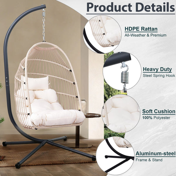 English Elm Foldable Hanging Egg Chair with Stand Pillow, HDPE Wicker, Rust‑Resistant Frame, Cushioned Headrest, 350lb Capacity White W2500P369689