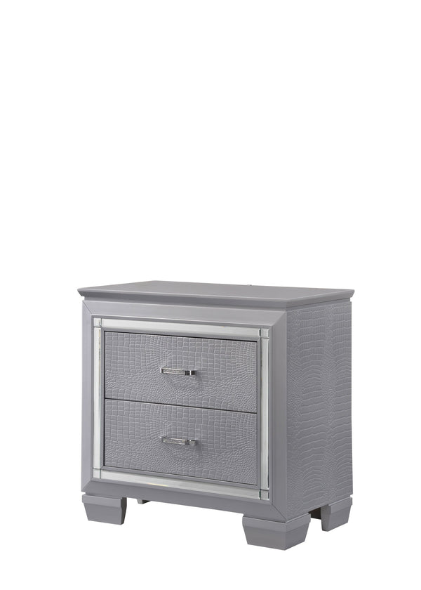 English Elm 1pc Glamorous Two-Drawer Nightstand with Beveled Mirror, Faux Crystal Hardware & Touch LED Light - Silver B2741P326187