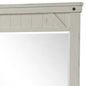 English Elm Industrial Farmhouse Mirror White Solid Wood & Glass - Beveled Glass, Birch Veneer, Burnished Brass Accent, Distressed Pine Frame B2699P239136