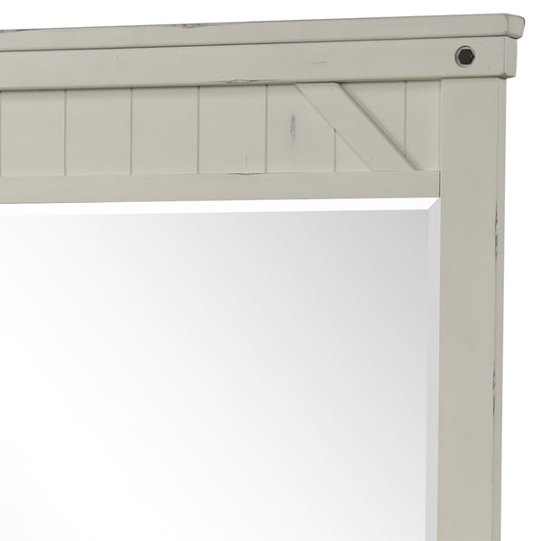 English Elm Industrial Farmhouse Mirror White Solid Wood & Glass - Beveled Glass, Birch Veneer, Burnished Brass Accent, Distressed Pine Frame B2699P239136