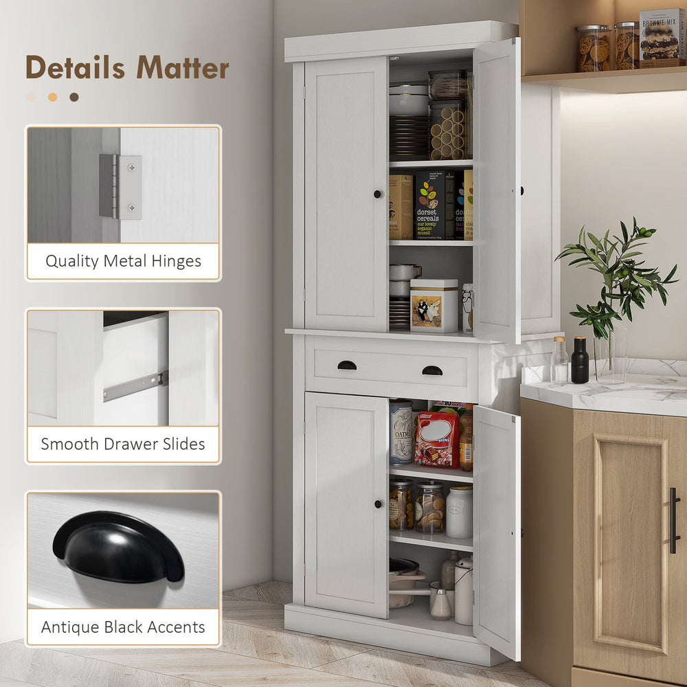 English Elm Homcom 72.5" White Wood Grain Kitchen Pantry Cabinet – Stylish Storage With 4 Doors, Drawer & Adjustable Shelves W2225P200697