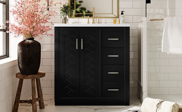 English Elm 30'' Bathroom Vanity With Ceramic Sink - Retro Freestanding Storage Cabinet, Soft-Close Drawers & Doors N710P191947B
