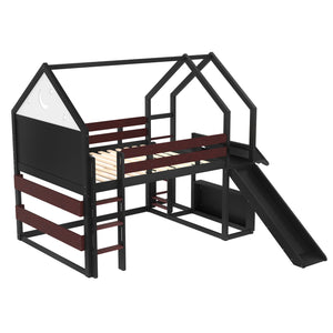 English Elm Full Size Pine Loft Bed House Frame with Slide Bookshelves and Moon Star Rails W1580S00314