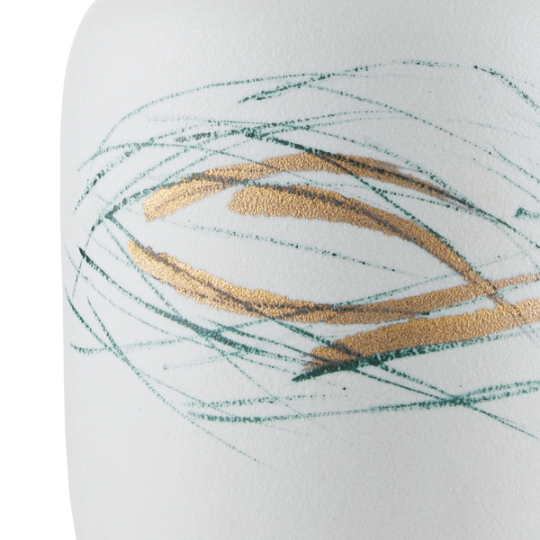 Oculus Hand-Painted Table Lamp - Contemporary Porcelain Design with Off-White Linen Shade & Crystal Finial