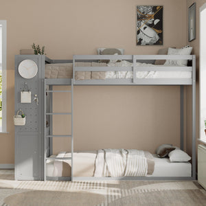 English Elm Twin Bunk Bed with Storage Drawers Hanging Rail Led Shelves and Pegboard Organizer Gray LT000282AAE