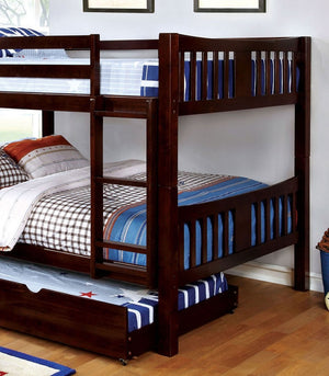 English Elm Transitional Full Over Full Bunk Bed - Solid Wood, Dark Walnut, Attached Ladder & Trundle Option! B2741S00352-GIGA