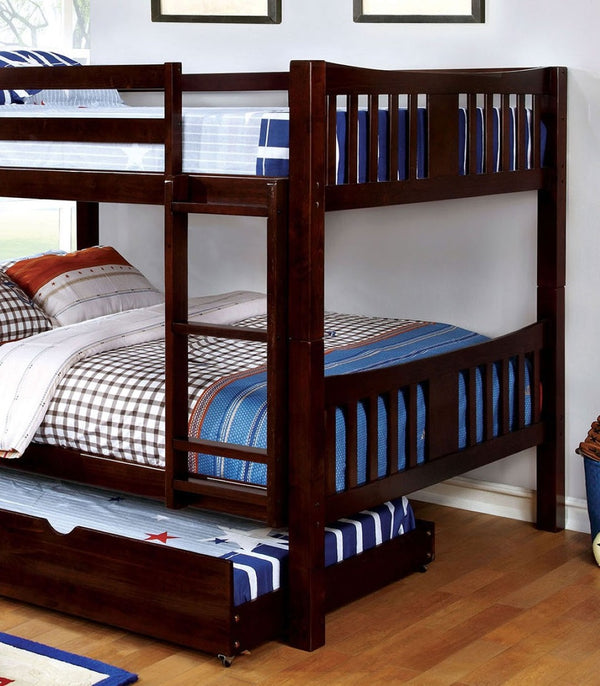 English Elm Transitional Full Over Full Bunk Bed - Solid Wood, Dark Walnut, Attached Ladder & Trundle Option! B2741S00352-GIGA
