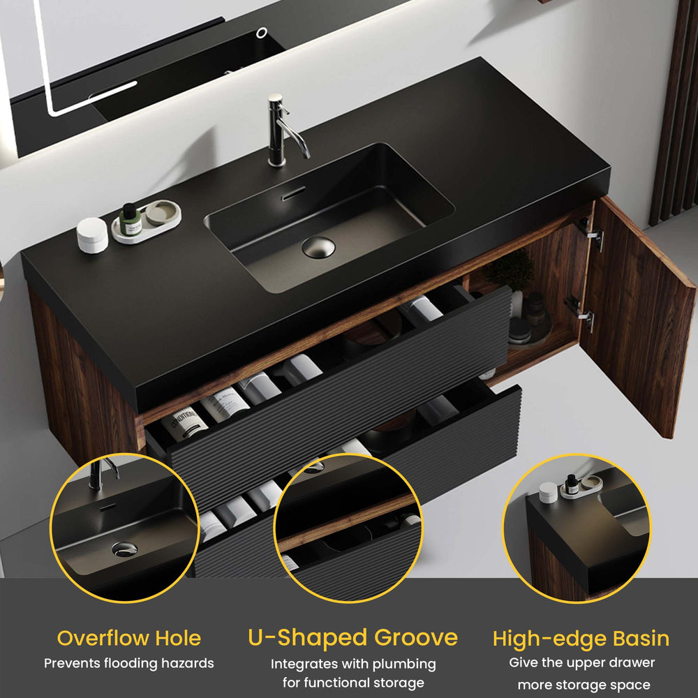 English Elm Grace 48" Walnut Floating Bathroom Vanity With Matte Black Sink, Soft-Close Drawers & Eco-Friendly Design W1865P281503