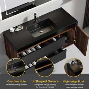 English Elm Grace 48" Walnut Floating Bathroom Vanity With Matte Black Sink, Soft-Close Drawers & Eco-Friendly Design W1865P281503