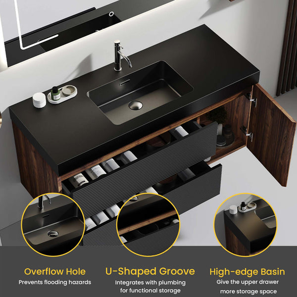 English Elm Grace 48" Walnut Floating Bathroom Vanity With Matte Black Sink, Soft-Close Drawers & Eco-Friendly Design W1865P281503