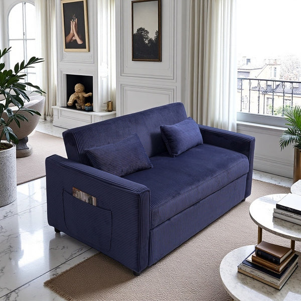 English Elm Futon 3-in-1 Corduroy Sofa Bed with Adjustable Backrest, Pull-Out Sleeper and Storage Pocket Blue W3138P281699