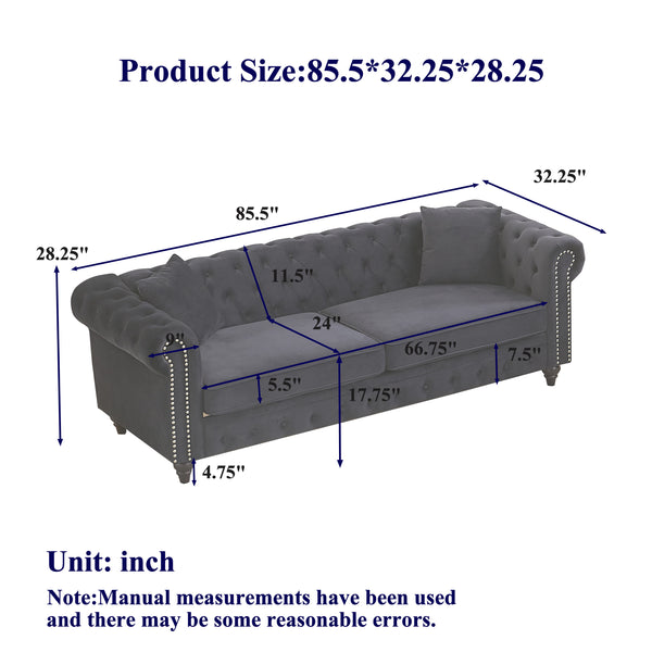 English Elm Fx Velvet Chesterfield 3-Seater Sofa With Rolled Arms & Cushions - Elegant Living Room Seating Solution W1926S00063
